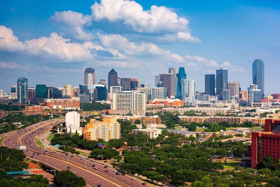 Dallas Skyline Downtown with travel context for Vacation Travel Innovation.